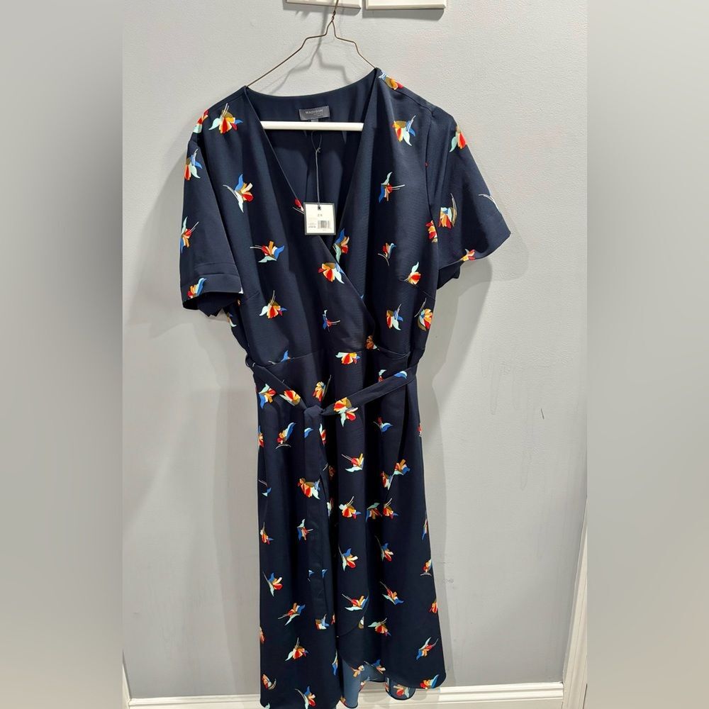 NWT Navy Wrap Dress w/ Colorful Bird Print by Madison -size 2X